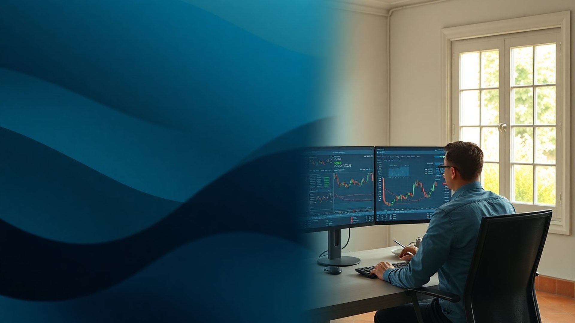 Analista supervisando un panel de trading algorítmico en tonos gris pizarra y azul acero